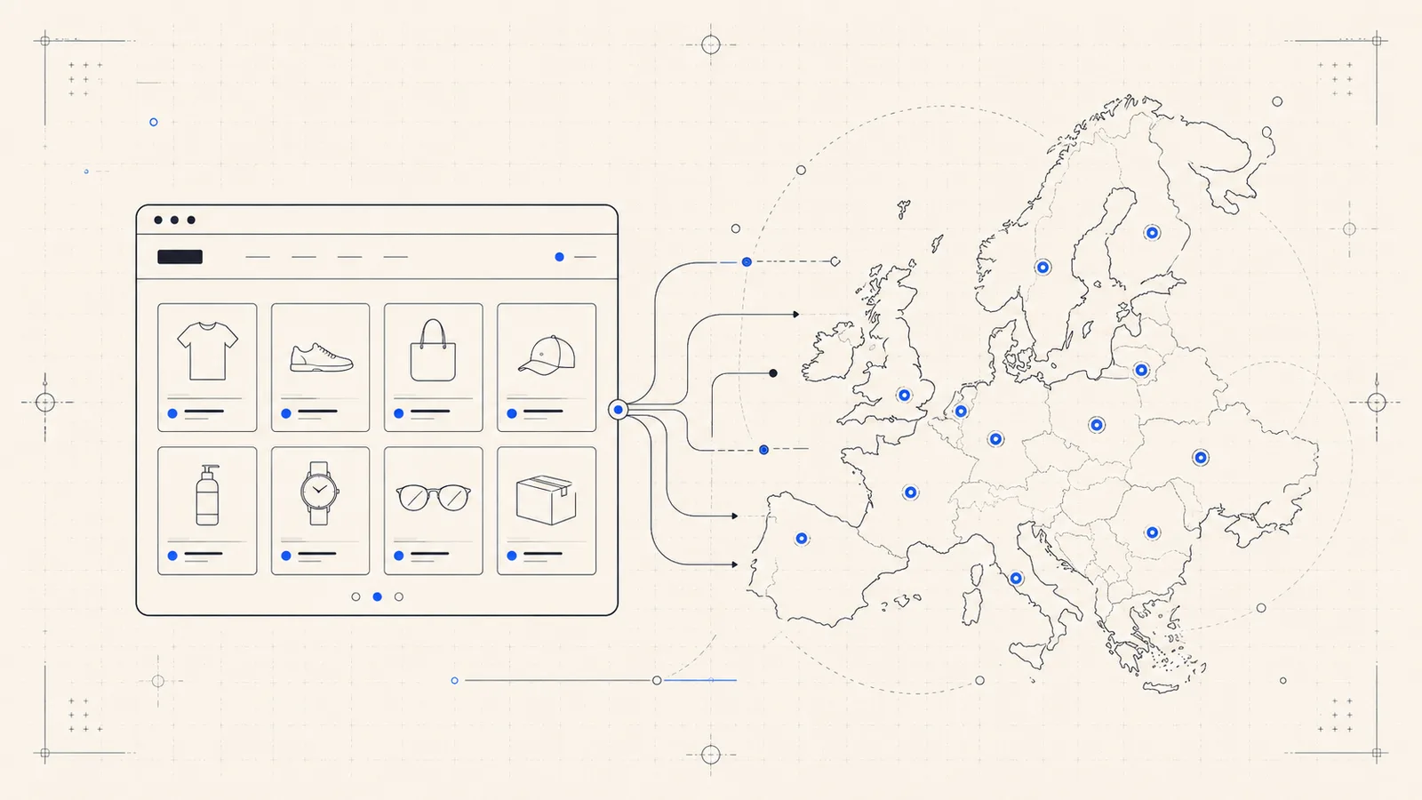 Editorial illustration of a multilingual product catalogue across several European markets.