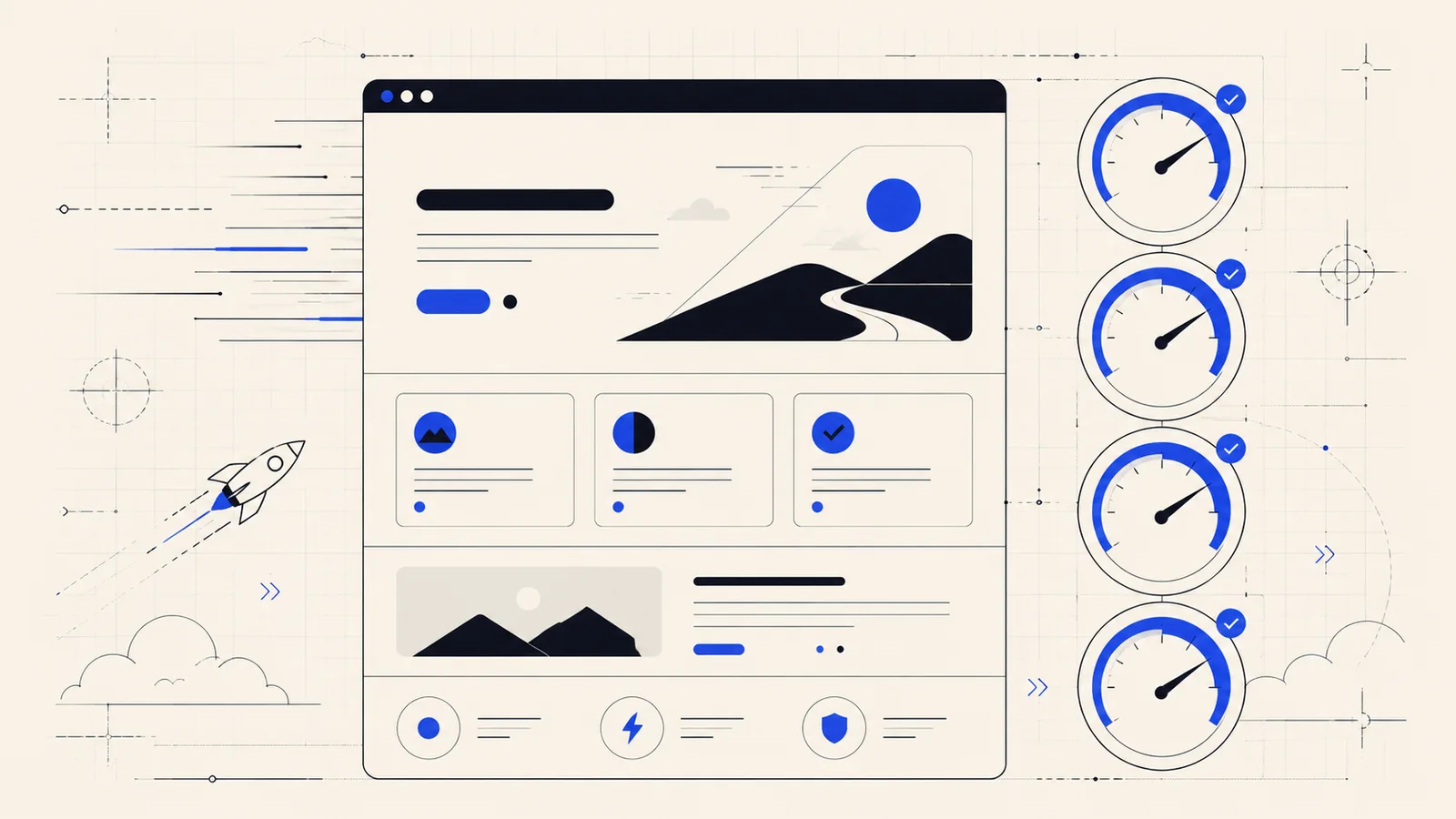 Editorial illustration of a fast SaaS marketing website with clean UI sections and perfect Core Web Vitals speed gauges.